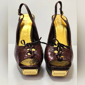 BEBE Womens Brown/Gold Leather Stiletto Heels Open Toe Platform Shoes, sz 8